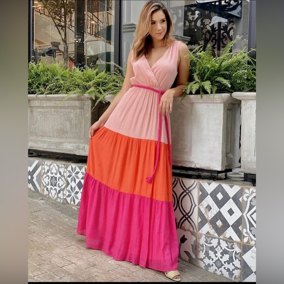 Flying Tomato Pleated Tiered Maxi Dress in Pink and Orange - Picture 1 of 14